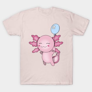 Cute Baby Pink Axolotl with Blue Balloon T-Shirt